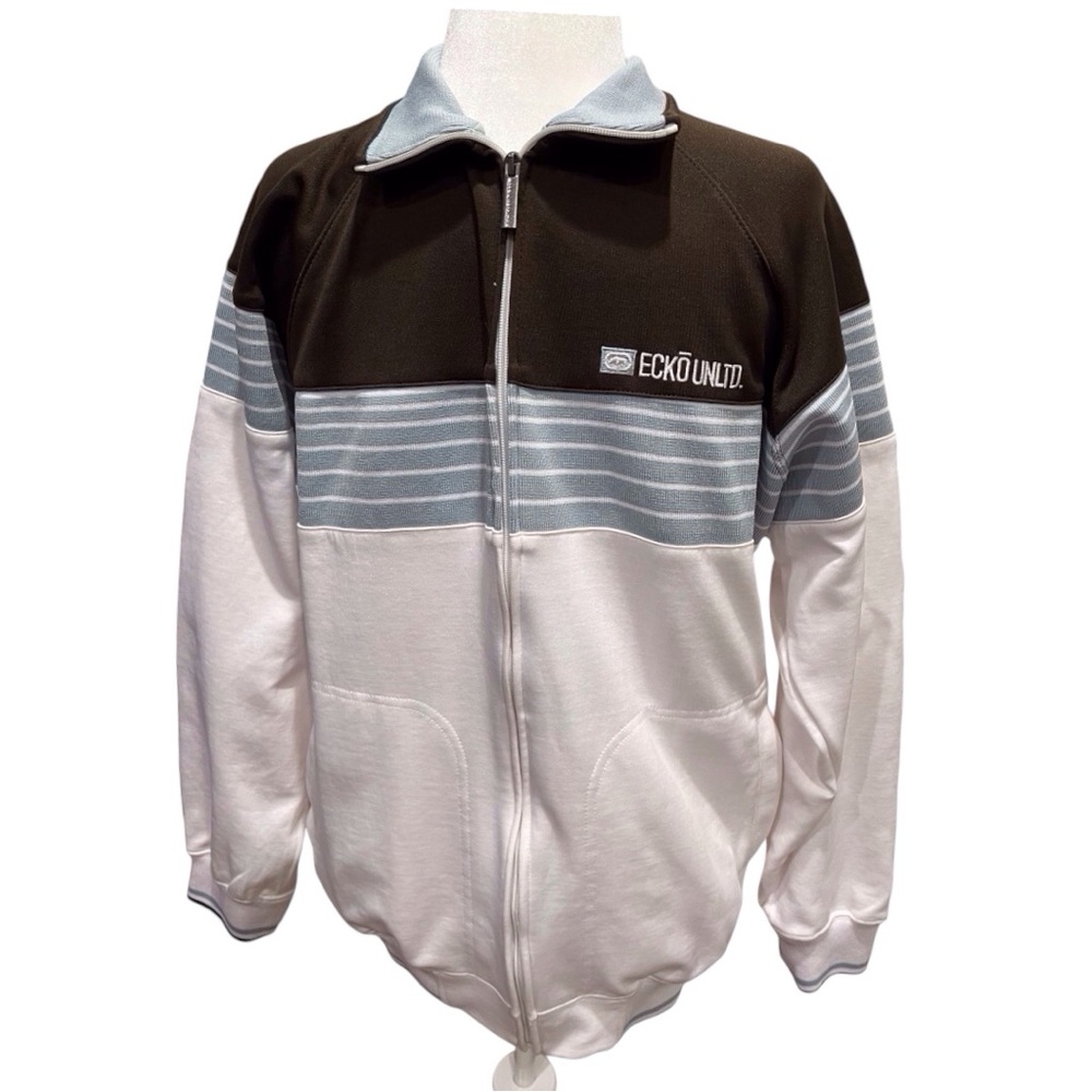 ECKO UNLTD men’s Knit Jacket MED White/Brown/blue Stripes Full Zipper EC001
